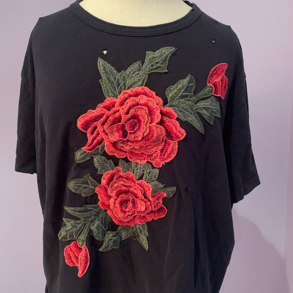 LF distressed rose embroidered black tshirt
